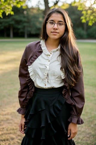 a 17 year old old  Latina girl, (((17yo))),  beautiful, teenage girl with dark brown hair, tied back in a ponytail, and expressive eyes, with round glasses. She has a slender figure, light brown eyes, her expression is tough but calm, a natural elegance in her bearing. Rosa is a strong and determined girl, just like her mother. She is passionate and loving, but can also be stubborn and stubborn. She is dating her childhood friend named Zach. She cares deeply about family tradition. She usually dresses in comfortable but elegant clothing, (((a jacket, Blouse with ruffles and a long skirt))), (((full body))), (totale dark background), standing outside at a park, 1girl, masterpiece, best quality, high resolution, 8K, HDR, bloom, raytracing, detailed shadows, bokeh, depth of field, film photography, film grain, glare, (wind:0.8), detailed hair, beautiful face, beautiful girl, ultra detailed eyes, cinematic lighting, (hyperdetailed:1.15)