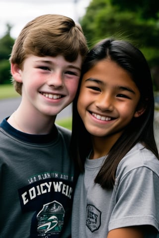 15 year old Irish American boy with brown hair wearing a t shirt, with his best friend who is a 14 year old Asian American girl wearing a skirt,