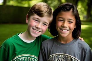 14 year old Irish American boy with brown hair wearing a t shirt, with his best friend who is a 13 year old Asian American tomboy girl wearing a t shirt, both have short hair