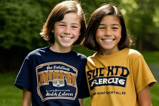 13 year old Irish American boy with short brown hair wearing a t shirt, with his best friend who is a 12 year old Asian American tomboy girl with short hair.