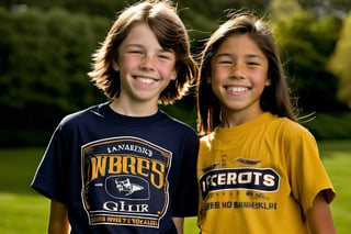 13 year old Irish American boy with  brown hair wearing a t shirt, with his best friend who is a 12 year old asian American tomboy girl, both have boys haircuts, both are playing sports, 