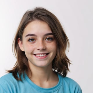 young tomboy smiling in front od the camera, long brown hair, vivid colors and ultra-HD quality, white background. 