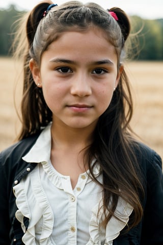 a 12 yeras old cute latin girl, (((12yo))), ((cute girl )), beatiful, a preteen with dark brown hair, tied back in a ponytail, and expressive eyes, light brown eyes, her expression is tough but calm, a natural elegance in her bearing. Rosa is a strong and determined girl, just like her mother. She is passionate and loving, but can also be stubborn and stubborn. She has a crush on her childhood friend named Zach. She usually dresses in comfortable but elegant clothing, (((a jacket, Blouse with ruffles and a long skirt))), (((full body))), (totale dark background), 1girl, masterpiece, best quality, high resolution, 8K, HDR, bloom, raytracing, detailed shadows, bokeh, depth of field, film photography, film grain, glare, (wind:0.8), detailed hair, beautiful face, beautiful girl, ultra detailed eyes, cinematic lighting, (hyperdetailed:1.15), , little_cute_girl, 1girl), , little_cute_girl, 1girl, rural classroom