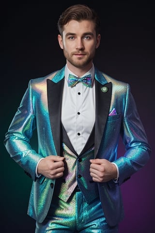 a Irish American man in a tuxedo with a chevron pattern, holographic!!!, shimmering and prismatic, holographic material, holographic, sparkly, holographic suit, 