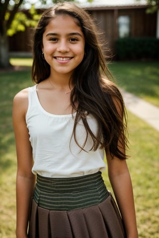 a 12 year old Latina girl, (((12yo))),  cute preteen girl with dark brown hair, and expressive eyes, Full body, brown eyes, her expression joyful, open smile, a natural elegance in her bearing.  Rosa is a strong and determined girl, just like her mother. She is passionate and loving, but can also be stubborn. She has a major crush on her childhood friend 13 year old Irish American boy named Zach. She dresses in clothing, (((a long dress and a long skirt))), 1girl, full body, masterpiece, best quality, high resolution, 8K, HDR, bloom, raytracing, detailed shadows, bokeh, depth of field, film photography, film grain, glare, (wind:0.8), detailed hair, ultra detailed eyes, cinematic lighting, (hyperdetailed:1.15),