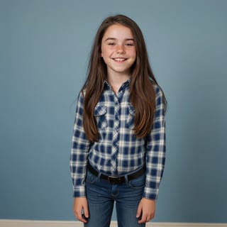 Zoey, an 11-year-old girl with long, dark brown hair and bright eyes, beaming with a big wide open smile in a clean and modern school photo backdrop, her plaid button down shirt pops against soft features. Wearing pants and sneakers, Full body, Freckles on her nose and a subtle crease on her forehead. As a closeted trans person who wants to be a boy, Zoey's presence takes center stage amidst blurred background colors. A gentle flush rises to her cheeks as she thinks of her childhood friend Zach, the object of her secret crush. Upper body 