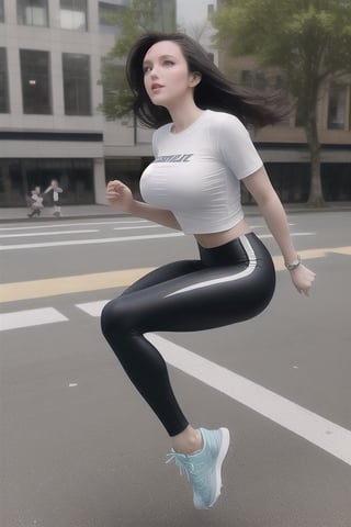 a hot weightless white girl with large breasts and dark hair flying and floating while wearing a pair of leggings, running shoes, and a T-shirt as she levitates in the city and floats high above the sidewalk as she leans back and flirtatiously floats by