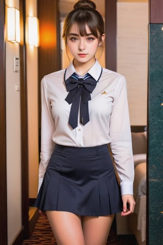teen girl,  8k, {beautiful and detailed eyes}, delicate facial features, real hands, flat chest, , really small breasts, bun hair, brunnete, full body, beautiful hazel eyes, really small ass, hotel concierge uniform, western bow tie, mini skirt, shy look, shy face, head down, aw0k, euphoric style, detailmaster2, no background, lookting to the camera, no background, staring to the camera, front view, full body,