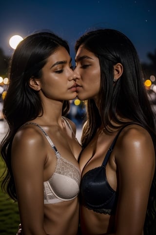pakistani women, 30 age women, bra , partying, underwear, 2 women, fantastic realism, bokeh,  ultra detailed, 2 women facing each other, chest against chest,long hair, black hair and blond woman, kissing, outdoors, moonlit night, detailed background, grainy photograph