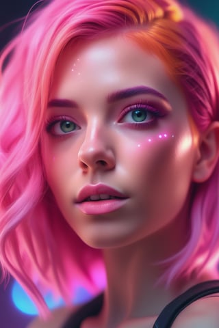 a close up of a woman with pink hair and bright makeup, digital art by Rhea Carmi, shutterstock, digital art, color photograph portrait 4k, soft portrait shot 8 k, color portrait, colorful glow, glowing pink face, 8k artgerm bokeh, cinematic pastel lighting, glowing with colored light, unreal engine : : rave makeup