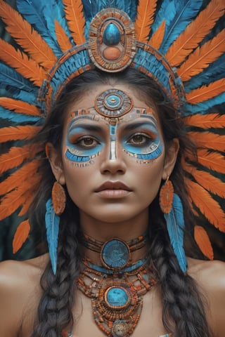 ultra-detailed, realistic, professional, surreal, psychedelic, highly detailed digital painting, a mid image of a woman with a face painted in blue and orange, Mayan priestess, Mayan warrior goddess, Mayan princess portrait, Mayan sun goddess, colourful digital fantasy art, 4k highly detailed digital art, beautiful digital artwork, 4k detailed digital art, beautiful art uhd 4 k