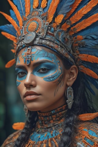 ultra-detailed, realistic, professional, surreal, psychedelic, highly detailed digital painting, a mid image of a woman with a face painted in blue and orange, Mayan priestess, Mayan warrior goddess, Mayan princess portrait, Mayan sun goddess, colourful digital fantasy art, 4k highly detailed digital art, beautiful digital artwork, 4k detailed digital art, beautiful art uhd 4 k