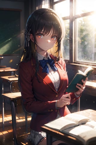 1girl, 
 ,sitting,holding book,at classroom,window,sunlight,light particles,depth of field,  highly detailed,  moody, epic, gorgeous, upper body,looking at viewer, aasuzune, long hair, blonde hair, black hair, braid, hair ribbon, red jacket, blazer, blue bowtie, long sleeves, white skirt, black thighhighs,perfect light