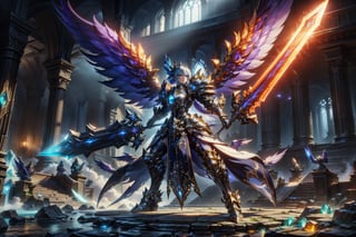 ethereal fantasy concept art, girl in black and gold armor, gold tiara, gold armor, holding gold sword, low wings, head wings, multiple wings,4wings, glowing sword, glowing runes, magic circle, glory, glory light, glory light \(weapon\), lighting, glow swirling light, gem, blue gemstone, with a dynamic and magical background, masterpiece, best quality, magnificent, celestial, ethereal, painterly, epic, majestic, magical, fantasy art, cover art, dreamy, Multi-Layered Textures, HDR, High Dynamic Range, Maximum Clarity And Sharpness, Multi-Layered Textures, 