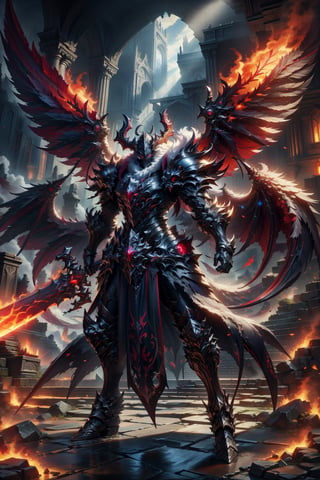 Demon fantasy general,a demon girl with red armour,long hair,tsurime, low wings, head wings, multiple wings,4wings, holding glowing fire red sword, glowing red runes, magic circle, demonic, lighting, glow swirling light, gem, black gemstone, with a dynamic and magical background, masterpiece, best quality, magnificent, celestial demon, ethereal, painterly, epic, majestic, magical, fantasy art, cover art, dreamy, Multi-Layered Textures, HDR, High Dynamic Range, Maximum Clarity And Sharpness, Multi-Layered Textures, 