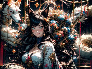 1girl,fox_tail,black-hair,5_figners,yellow_eyes,fox_girl,fox_ears,Ahri,midjourney,upper_body,sitting on a throne like a queen,smirk,fantasy00d,More Detail