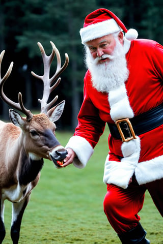 Santa Claus feeding reindeers