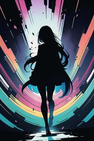 Rainbow bridge into void, vortex, broken glass effect, silhouettes,agirl in the middle,colorful,long_hair,5_figners