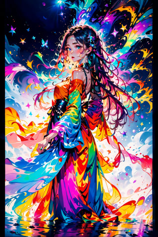 a female standing in middle,5_figners,long_hair,beauty,colorful,magic