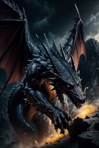 Dragon,a black dragon on the mountain,dragon Breathing fire,Look from a distance,More Detail