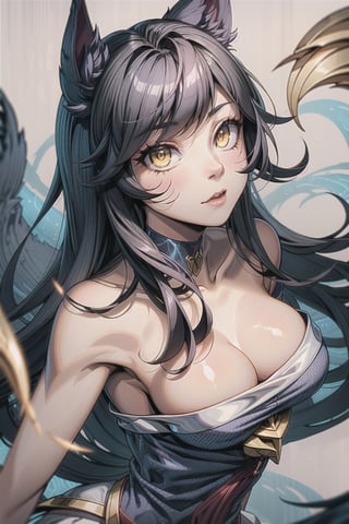 ah1,Ahri,fennec fox,fox tail,5_figners,black_hair,yellow eyes ,lure,league_of_legends_ahri,large breasts, ah1,black_fox_ears,perfect