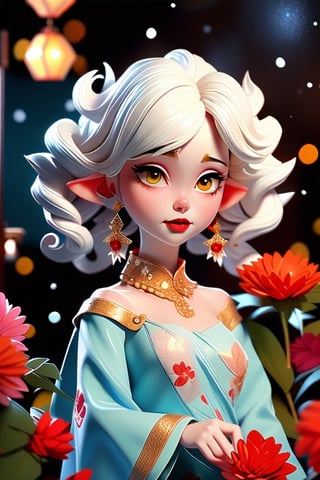 1girl, red flower, capelet, dress, drop earrings, earrings, elf, symmetry, solo, full face, white hair, perfect light, oil painting