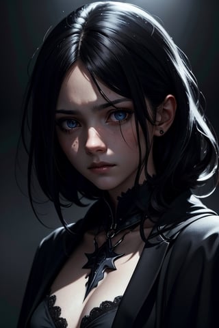 Masterpiece, close up portrait, depressed expression , black clothing, sexy, dark mage, gorgeous young american girl, (mysterious expression), (american),(cute), cinematic lighting, hyper realistic detail