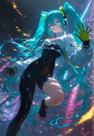 SCORE_9, SCORE_8_UP, SCORE_7_UP, SCORE_6_UP,

MASTERPIECE, BEST QUALITY, HIGH QUALITY, 
HIGHRES, ABSURDRES, PERFECT COMPOSITION,
INTRICATE DETAILS, ULTRA-DETAILED,
PERFECT FACE, PERFECT EYES,
NEWEST, 

Movie Poster page, (promotional poster), Hatsune Miku, 1female, solo, humanoid android, teal hair, teal eyes, white jacket, cropped jacket, long sleeves, two-tone gloves, black gloves, green gloves, black bodysuit, single thighhigh, single thigh boot, concert, Nippon Budokan, glowneon, glowing, sparks, lightning, shadow minimalism, (best quality), (masterpiece), detailed, beautiful detailed eyes, perfect anatomy, perfect body, perfect face, perfect hair, perfect legs, perfect hands, perfect arms, perfect fingers, detailed hair, detailed face, detailed eyes, detailed clothes, detailed skin, ultra-detailed, (full body), (upper body), (top quality), pop art, extremely detailed, extremely detailed CG, (high resolution), highly detailed, (high quality), (perfect quality), (glitchcore colors), racingmiku2022,