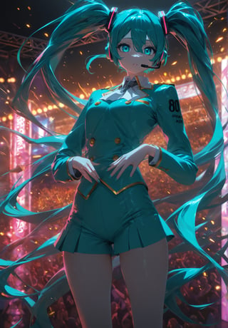 SCORE_9, SCORE_8_UP, SCORE_7_UP, SCORE_6_UP,

MASTERPIECE, BEST QUALITY, HIGH QUALITY, 
HIGHRES, ABSURDRES, PERFECT COMPOSITION,
INTRICATE DETAILS, ULTRA-DETAILED,
PERFECT FACE, PERFECT EYES,
NEWEST, 

Movie Poster page, (promotional poster), Hatsune Miku, 1female, solo, humanoid android, teal hair, teal eyes, singer's uniform, headset, WeirdOutfit style, concert, Nippon Budokan, glowneon, glowing, sparks, lightning, shadow minimalism, (best quality), (masterpiece), detailed, beautiful detailed eyes, perfect anatomy, perfect body, perfect face, perfect hair, perfect legs, perfect hands, perfect arms, perfect fingers, detailed hair, detailed face, detailed eyes, detailed clothes, detailed skin, ultra-detailed, (full body), (upper body), (top quality), pop art, extremely detailed, extremely detailed CG, (high resolution), highly detailed, (high quality), (perfect quality), (glitchcore colors), racingmiku2022,