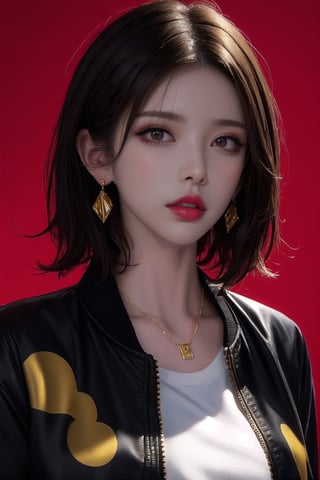 SCORE_9, SCORE_8_UP, SCORE_7_UP, SCORE_6_UP,
BEST QUALITY, HIGHRES, ABSURDRES, 4K, 8K, 64K,
MASTERPIECE, SUPER DETAIL, INTRICATE_DETAILS, PERFECTEYES, 

1girl, solo, (((looking down))), short hair, (((simple background))), brown hair, shirt, black hair, gold jewelry, jacket, white shirt, upper_body, gold earrings, parted lips, white collared shirt, medium hair, gold necklace, (((black jacket))), head tilt, makeup, suit, soft lipstick, (((red background))), soft red lips, front_view, chin_up, paint_(artwork), oil painting, cynical, eye_half_opened, sexy, 