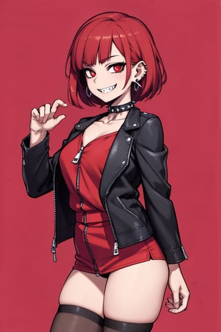 SCORE 9, SCORE 8 UP, SCORE 7 UP, SCORE 6 UP,
BEST QUALITY, HIGHRES, ABSURDRES, 4K, 8K, 64K,
MASTERPIECE, SUPER DETAIL, INTRICATE DETAILS, PERFECTEYES, VERY AESTHETIC,

source_anime, red_background, 1girl, solo, smile, jacket, simple_background, looking_at_viewer, ear_piercing, piercing, jewelry, thighhighs, thigh_strap, black_jacket, earrings, pink_background, bangs, zipper, leather, zipper_pull_tab, red_eyes, standing, cowboy_shot, black_hair, leather_jacket, grin, spikes, short_hair, from_side, collar, long_sleeves, blunt_bangs, choker, black_legwear, sharp_teeth, realistic,