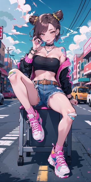 BEST QUALITY, HIGHRES, ABSURDRES, HIGH_RESOLUTION, MASTERPIECE, SUPER DETAIL, HYPER DETAIL, INTRICATE_DETAILS, PERFECTEYES, DARK EYELASHES, EYELINER, SOFT GLOWING EYES, 64K, SCORE_9,

1girl, double_bun, sitting, rating:safe, shoes, tattoo, pink_footwear, solo, jewelry, sneakers, jacket, belt, shorts, cigarette, choker, nose, tubetop, crop_top, pink_jacket, looking_at_viewer, pink_legwear, midriff, coat, nail_polish, breasts, lips, earrings, casual, open_clothes, makeup, brown_hair, brown_eyes, smoking, kuujou_jolyne, knee_up, long_legs, ring, long_sleeves, finger_to_mouth, cleavage, chair, short_shorts, socks, realistic, collar, tank_top, high_heels, eyeshadow, short_hair, strapless, alternate_costume, lollipop, studded_bracelet, sky, looking_to_the_side, multicolored_hair, medium_breasts, neon_lights, bare_legs, black_hair, piercing, legs, lipstick, denim, shirt, spikes, outdoors, building, necklace, chain, closed_mouth, two-tone_hair, bangs, nike, full_body, crossed_legs, weapon, hair_bun, platform_footwear, collarbone, hand_to_own_mouth, sleeves_past_wrists, navel_piercing, letterman_jacket, bandaid, boots, half-closed_eyes, mature_female,anime