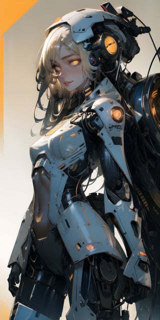 BEST QUALITY, HIGHRES, ABSURDRES, HIGH_RESOLUTION, MASTERPIECE, SUPER DETAIL, HYPER DETAIL, INTRICATE_DETAILS, PERFECTEYES, DARK EYELASHES, EYELINER, SOFT GLOWING EYES, 64K, SCORE_9,

yellow_background, solo, yellow_eyes, breasts, looking_at_viewer, white_hair, bodysuit, cyborg, simple_background, smile, yellow_theme, medium_breasts, long_hair, standing, cyberpunk, covered_navel, cowboy_shot, robot_joints, pale_skin, science_fiction, bangs, hair_over_one_eye, skin_tight, small_breasts, closed_mouth, lips, blush, blonde_hair, glowing, parted_lips,