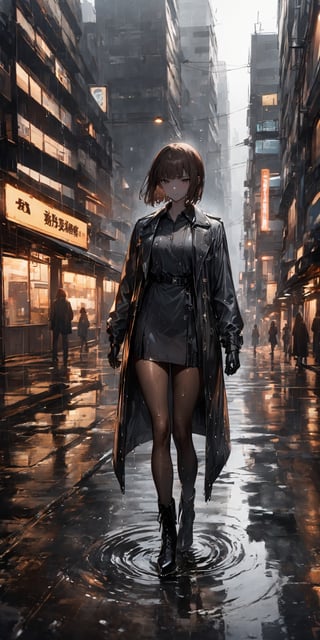 SCORE_9, SCORE_8_UP, SCORE_7_UP, SCORE_6_UP,
BEST QUALITY, HIGHRES, ABSURDRES, 4K, 8K, 64K,
MASTERPIECE, SUPER DETAIL, INTRICATE_DETAILS, PERFECTEYES,

1girl, sole_female, raining, standing in front of building, brown_hair, black_footwear, high_heels, short_hair, jacket, high_heel_boots, boots, black_gloves, gloves, bangs, full_body, pantyhose, black_jacket, dress, brown_eyes, long_sleeves, closed_mouth, open_clothes, bob_cut, shoes, coat, short_dress, grey background, skyscraper background, toned down, real life, emotionless, modern, voulmetric light, cinematic light, dark environment, black theme, facing_viewer, soaked, wet_clothes, sad_face,