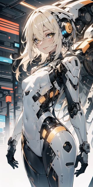 BEST QUALITY, HIGHRES, ABSURDRES, HIGH_RESOLUTION, MASTERPIECE, SUPER DETAIL, HYPER DETAIL, INTRICATE_DETAILS, PERFECTEYES, DARK EYELASHES, EYELINER, SOFT GLOWING EYES, 64K, SCORE_9,

yellow_background, solo, yellow_eyes, breasts, looking_at_viewer, white_hair, bodysuit, cyborg, simple_background, smile, yellow_theme, medium_breasts, long_hair, standing, cyberpunk, covered_navel, cowboy_shot, robot_joints, pale_skin, science_fiction, bangs, hair_over_one_eye, skin_tight, small_breasts, closed_mouth, lips, blush, blonde_hair, glowing, parted_lips,