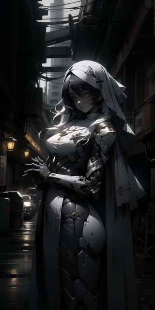 BEST QUALITY, HIGHRES, ABSURDRES, HIGH_RESOLUTION, MASTERPIECE, SUPER DETAIL, HYPER DETAIL, INTRICATE_DETAILS, PERFECTEYES, DARK EYELASHES, EYELINER, SOFT GLOWING EYES, 64K, SCORE_9,

1girl, solo, long hair, breasts, bangs, gloves, dress, closed mouth, white hair, cowboy shot, necklace, black dress, own hands together, cross, veil, facing viewer, nun, own hands clasped, covered eyes, android, cybersuit, exosuit, hardsuit, mechasuit, mecha