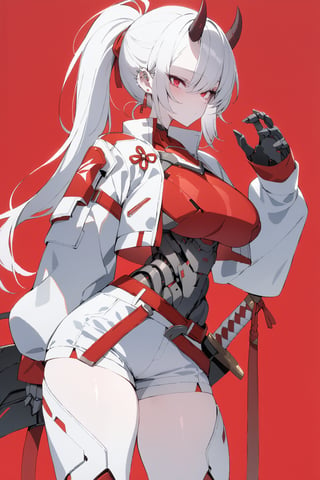 SCORE_9, SCORE_8_UP, SCORE_7_UP, SCORE_6_UP,

MASTERPIECE, BEST QUALITY, HIGH QUALITY, 
HIGHRES, ABSURDRES, PERFECT COMPOSITION,
INTRICATE DETAILS, ULTRA-DETAILED,
PERFECT FACE, PERFECT EYES,
NEWEST, 

full_body, red_background, sword, horns, weapon, 1girl, solo, sheath, ponytail, sheathed, red_eyes, katana, jewelry, earrings, white_hair, scabbard, holding_weapon, long_sleeves, simple_background, long_hair, holding_sword, standing, white_coat, ear_piercing, side_view, closed_mouth, holding, cowboy_shot, piercing, white_shorts, crop_jacket, pale_skin, belt, devil_horns, sleeves_past_wrists, mechanical_hand, mechanical_body, cyborg, large_boobs, armor, breast_plate,
