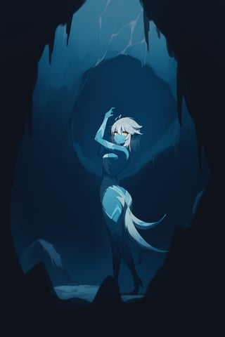 BEST QUALITY, HIGHRES, ABSURDRES, 
MASTERPIECE, SUPER DETAIL, INTRICATE_DETAILS, 
PERFECTEYES, AESTHETIC, 
SCORE_9, SCORE_8_UP, SCORE_7_UP, SCORE_6_UP,

standing in a glacial cave. Relaxed and playful pose, niji style, monster girl, glacial monster girl, blue skin, yellow eyes, half side view, 