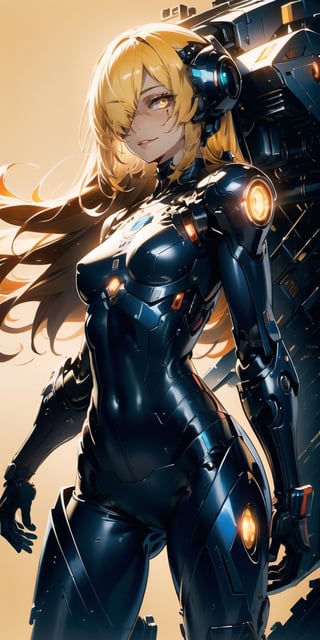 BEST QUALITY, HIGHRES, ABSURDRES, HIGH_RESOLUTION, MASTERPIECE, SUPER DETAIL, HYPER DETAIL, INTRICATE_DETAILS, PERFECTEYES, DARK EYELASHES, EYELINER, SOFT GLOWING EYES, 64K, SCORE_9,

yellow_background, solo, yellow_eyes, breasts, looking_at_viewer, white_hair, bodysuit, cyborg, simple_background, smile, yellow_theme, medium_breasts, long_hair, standing, cyberpunk, covered_navel, cowboy_shot, robot_joints, pale_skin, science_fiction, bangs, hair_over_one_eye, skin_tight, small_breasts, closed_mouth, lips, blush, blonde_hair, glowing, parted_lips,