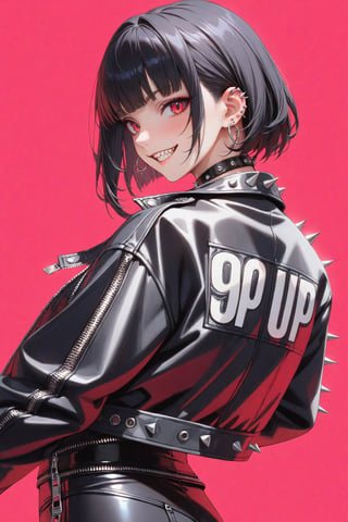 SCORE 9, SCORE 8 UP, SCORE 7 UP, SCORE 6 UP,
BEST QUALITY, HIGHRES, ABSURDRES, 4K, 8K, 64K,
MASTERPIECE, SUPER DETAIL, INTRICATE DETAILS, PERFECTEYES, VERY AESTHETIC,

source_anime, red_background, 1girl, solo, smile, jacket, simple_background, looking_at_viewer, ear_piercing, piercing, jewelry, thighhighs, thigh_strap, black_jacket, earrings, pink_background, bangs, zipper, leather, zipper_pull_tab, red_eyes, standing, cowboy_shot, black_hair, leather_jacket, grin, spikes, short_hair, from_side, collar, long_sleeves, blunt_bangs, choker, black_legwear, sharp_teeth, realistic, cinematic style,