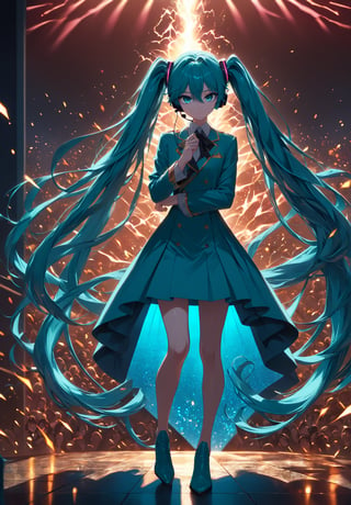 SCORE_9, SCORE_8_UP, SCORE_7_UP, SCORE_6_UP,

MASTERPIECE, BEST QUALITY, HIGH QUALITY, 
HIGHRES, ABSURDRES, PERFECT COMPOSITION,
INTRICATE DETAILS, ULTRA-DETAILED,
PERFECT FACE, PERFECT EYES,
NEWEST, 

Movie Poster page, (promotional poster), Hatsune Miku, 1female, solo, humanoid android, teal hair, teal eyes, singer's uniform, headset, WeirdOutfit style, concert, Nippon Budokan, glowneon, glowing, sparks, lightning, shadow minimalism, (best quality), (masterpiece), detailed, beautiful detailed eyes, perfect anatomy, perfect body, perfect face, perfect hair, perfect legs, perfect hands, perfect arms, perfect fingers, detailed hair, detailed face, detailed eyes, detailed clothes, detailed skin, ultra-detailed, (full body), (upper body), (top quality), pop art, extremely detailed, extremely detailed CG, (high resolution), highly detailed, (high quality), (perfect quality), (glitchcore colors), racingmiku2022,