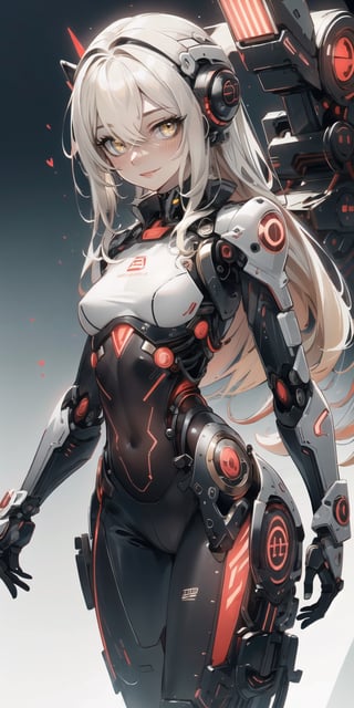 BEST QUALITY, HIGHRES, ABSURDRES, HIGH_RESOLUTION, MASTERPIECE, SUPER DETAIL, HYPER DETAIL, INTRICATE_DETAILS, PERFECTEYES, DARK EYELASHES, EYELINER, SOFT GLOWING EYES, 64K, SCORE_9,

yellow_background, solo, yellow_eyes, breasts, looking_at_viewer, white_hair, bodysuit, cyborg, simple_background, smile, yellow_theme, medium_breasts, long_hair, standing, cyberpunk, covered_navel, cowboy_shot, robot_joints, pale_skin, science_fiction, bangs, hair_over_one_eye, skin_tight, small_breasts, closed_mouth, lips, blush, blonde_hair, glowing, parted_lips,