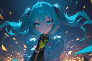 SCORE_9, SCORE_8_UP, SCORE_7_UP, SCORE_6_UP,

MASTERPIECE, BEST QUALITY, HIGH QUALITY, 
HIGHRES, ABSURDRES, PERFECT COMPOSITION,
INTRICATE DETAILS, ULTRA-DETAILED,
PERFECT FACE, PERFECT EYES,
NEWEST, 

Movie Poster page, (promotional poster), Hatsune Miku, 1female, solo, humanoid android, teal hair, teal eyes, white jacket, cropped jacket, long sleeves, two-tone gloves, black gloves, green gloves, black bodysuit, single thighhigh, single thigh boot, concert, Nippon Budokan, glowneon, glowing, sparks, lightning, shadow minimalism, (best quality), (masterpiece), detailed, beautiful detailed eyes, perfect anatomy, perfect body, perfect face, perfect hair, perfect legs, perfect hands, perfect arms, perfect fingers, detailed hair, detailed face, detailed eyes, detailed clothes, detailed skin, ultra-detailed, (full body), (upper body), (top quality), pop art, extremely detailed, extremely detailed CG, (high resolution), highly detailed, (high quality), (perfect quality), (glitchcore colors), racingmiku2022