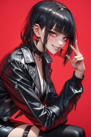 SCORE 9, SCORE 8 UP, SCORE 7 UP, SCORE 6 UP,
BEST QUALITY, HIGHRES, ABSURDRES, 4K, 8K, 64K,
MASTERPIECE, SUPER DETAIL, INTRICATE DETAILS, PERFECTEYES, VERY AESTHETIC,

source_anime, red_background, 1girl, solo, smile, jacket, simple_background, looking_at_viewer, ear_piercing, piercing, jewelry, thighhighs, thigh_strap, black_jacket, earrings, pink_background, bangs, zipper, leather, zipper_pull_tab, red_eyes, standing, cowboy_shot, black_hair, leather_jacket, grin, spikes, short_hair, from_side, collar, long_sleeves, blunt_bangs, choker, black_legwear, sharp_teeth, realistic, cinematic style,