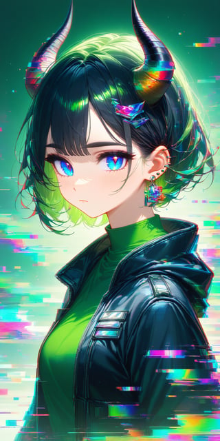 SCORE_9, SCORE_8_UP, SCORE_7_UP, SCORE_6_UP,

MASTERPIECE, BEST QUALITY, HIGH QUALITY, 
HIGHRES, ABSURDRES, PERFECT COMPOSITION,
INTRICATE DETAILS, ULTRA-DETAILED,
PERFECT FACE, PERFECT EYES,
NEWEST, 

rating:safe, 1girl, solo, horns, short_hair, jacket, blue_eyes, black_jacket, bangs, closed_mouth, looking_at_viewer, black_hair, chromatic_aberration, upper_body, expressionless, shirt, jewelry, from_side, earrings, looking_to_the_side, eyebrows_visible_through_hair, ear_piercing, demon_horns, colorful, glitch effect, dark, ral-glydch, (green theme:1.2)