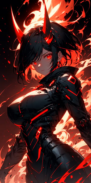(1girls:1.4), (dark_red_background:1.4), (simple_background:1.4),

dynamic_angle, tyndall effect, volumetric lighting, looking_at_viewer, full_body, red_theme, niji, clear_lines

short-hair, black-hair, Pale_skin, big_breasts, sharp_face, multicolored_eye, devil_horn, eyeshadow, eyeliner, Eyelash, from_side, expressive eyes, perfect glowing_eyes, cyberpunk, black mecha armor, determined_face, damaged, glowing, aura, energy, beam, plugsuits, exoskeleton suit, tall

(best quality:1.4), (highres:1.4), (high_resolution:1.4), (masterpiece:1.4), sidelighting, super detail, hyper detail, intricate_details, ligne_claire, perpect face,midjourney
