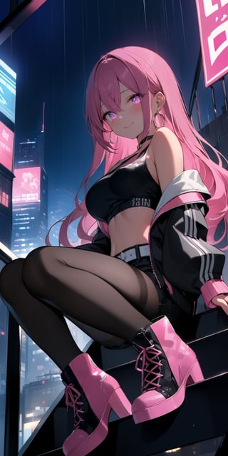 BEST QUALITY, HIGHRES, ABSURDRES, HIGH_RESOLUTION, MASTERPIECE, SUPER DETAIL, HYPER DETAIL, INTRICATE_DETAILS, PERFECTEYES, DARK EYELASHES, EYELINER, SOFT GLOWING EYES, 64K, SCORE_9,

1girl, long_hair, jacket, pink_hair, midriff, crop_top, solo, looking_at_viewer, shoes, building, sitting, belt, weapon, black_shirt, shorts, hood, smile, nail_polish, long_sleeves, boots, black_shorts, choker, full_body, holding, bare_shoulders, jewelry, backlighting, sneakers, shirt, navel, pantyhose, breasts, pink_footwear, black_legwear, pink_jacket, off_shoulder, outdoors, skyscraper, open_jacket, hair_between_eyes, pink_eyes, from_below, open_clothes, night, pants, closed_mouth, stairs, pink_nails, sword, multicolored_hair, earrings, bangs, neon_lights, virtual_youtuber, lace-up_boots, city, window, black_pants, hat, medium_breasts, black_footwear, holding_weapon, collarbone, hood_up, sleeveless_shirt, indoors, railing, stomach, sleeveless, white_jacket, short_shorts, black_jacket, thighhighs, blush, cityscape, chain, cross-laced_footwear, long_legs, blurry, eyebrows_visible_through_hair, crossed_legs, black_skirt, skirt, ground_vehicle, puffy_sleeves, crop_top_overhang, sidelocks, high_heels, day, leaning_back, sleeves_past_wrists, rain, mole, black_choker, large_breasts, bag, hoop_earrings, shadow, white_belt, purple_eyes, ring, depth_of_field, darker, english-text on legwear, glow_in_the_dark, glow,