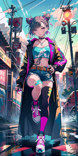 BEST QUALITY, HIGHRES, ABSURDRES, HIGH_RESOLUTION, MASTERPIECE, SUPER DETAIL, HYPER DETAIL, INTRICATE_DETAILS, PERFECTEYES, DARK EYELASHES, EYELINER, SOFT GLOWING EYES, 64K, SCORE_9,

1girl, double_bun, sitting, rating:safe, shoes, tattoo, pink_footwear, solo, jewelry, sneakers, jacket, belt, shorts, cigarette, choker, nose, tubetop, crop_top, pink_jacket, looking_at_viewer, pink_legwear, midriff, coat, nail_polish, breasts, lips, earrings, casual, open_clothes, makeup, brown_hair, brown_eyes, smoking, kuujou_jolyne, knee_up, long_legs, ring, long_sleeves, finger_to_mouth, cleavage, chair, short_shorts, socks, realistic, collar, tank_top, high_heels, eyeshadow, short_hair, strapless, alternate_costume, lollipop, studded_bracelet, sky, looking_to_the_side, multicolored_hair, medium_breasts, neon_lights, bare_legs, black_hair, piercing, legs, lipstick, denim, shirt, spikes, outdoors, building, necklace, chain, closed_mouth, two-tone_hair, bangs, nike, full_body, crossed_legs, weapon, hair_bun, platform_footwear, collarbone, hand_to_own_mouth, sleeves_past_wrists, navel_piercing, letterman_jacket, bandaid, boots, half-closed_eyes, mature_female,anime