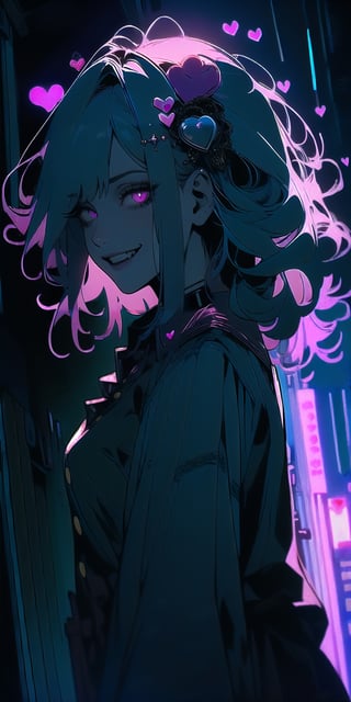 BEST QUALITY, HIGHRES, ABSURDRES, HIGH_RESOLUTION, MASTERPIECE, SUPER DETAIL, HYPER DETAIL, INTRICATE_DETAILS, LIGNE_CLAIRE, PERFECTEYES, DARK EYELASHES, EYELINER, SOFT GLOWING EYES,

1girl, solo, long hair, looking at viewer, smile, bangs, hair ornament, pink hair, heart, choker, pink eyes, grin, collar, english text, bandaid, heart hair ornament, bandaid on face, colorful, sticker, neon lights, blacklight, collared shirt, rolled up sleeve, business skirt, full_body, view from away, facing_viewer,