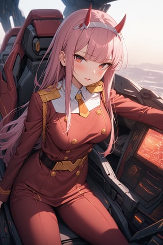 BEST QUALITY, HIGHRES, ABSURDRES, 4K, 8K, 64K,
MASTERPIECE, SUPER DETAIL, INTRICATE_DETAILS, 
PERFECTEYES, 
SCORE_9, SCORE_8_UP, SCORE_7_UP, SCORE_6_UP,

1girl, solo, zero_two, military_uniform, mecha cockpit, looking at viewer, intricate details, large breasts, illustration, subsurface scattering, vibrant colours